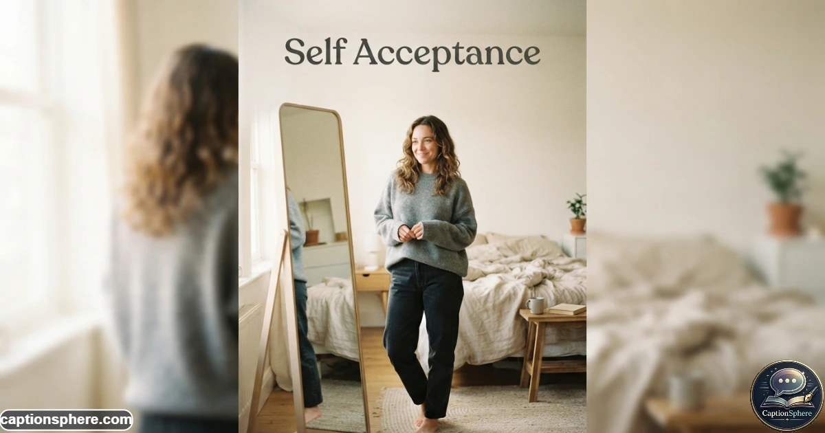 Person smiling gently at their reflection in a bright bedroom mirror