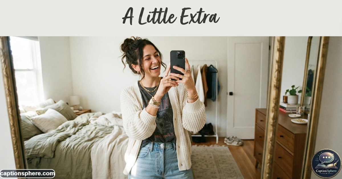 Create a realistic 16:9 lifestyle photograph of a fashionable person taking a playful mirror selfie while intentionally showing off sparkling accessories. Use a believable modern bedroom or dressing area, natural expression, realistic anatomy, and casual humor. Leave clean top-middle space. Add the heading “A Little Extra” at the top-middle. No logo, watermark, website, or extra text.