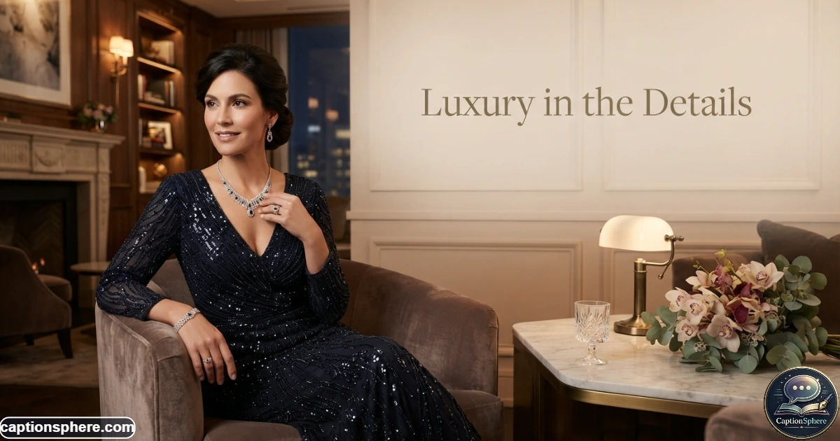 Elegant evening outfit styled with sophisticated sparkling jewelry and accessories