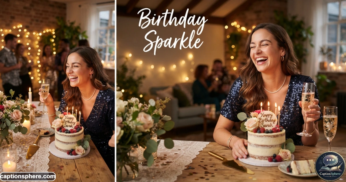Birthday celebration with glamorous outfit, jewelry, cake, and warm lights