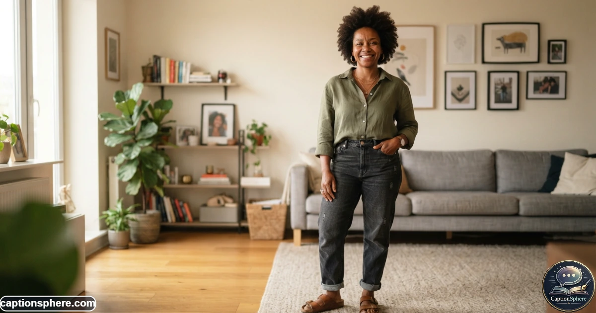 Create a realistic editorial lifestyle photograph in 16:9 showing a diverse adult standing comfortably in a softly lit modern room, wearing a stylish everyday outfit and smiling naturally at the camera. The mood should communicate relaxed body confidence and self-acceptance rather than glamour or perfection. Use believable anatomy, authentic skin texture, subtle imperfections, and clean negative space at the top-middle for a heading.