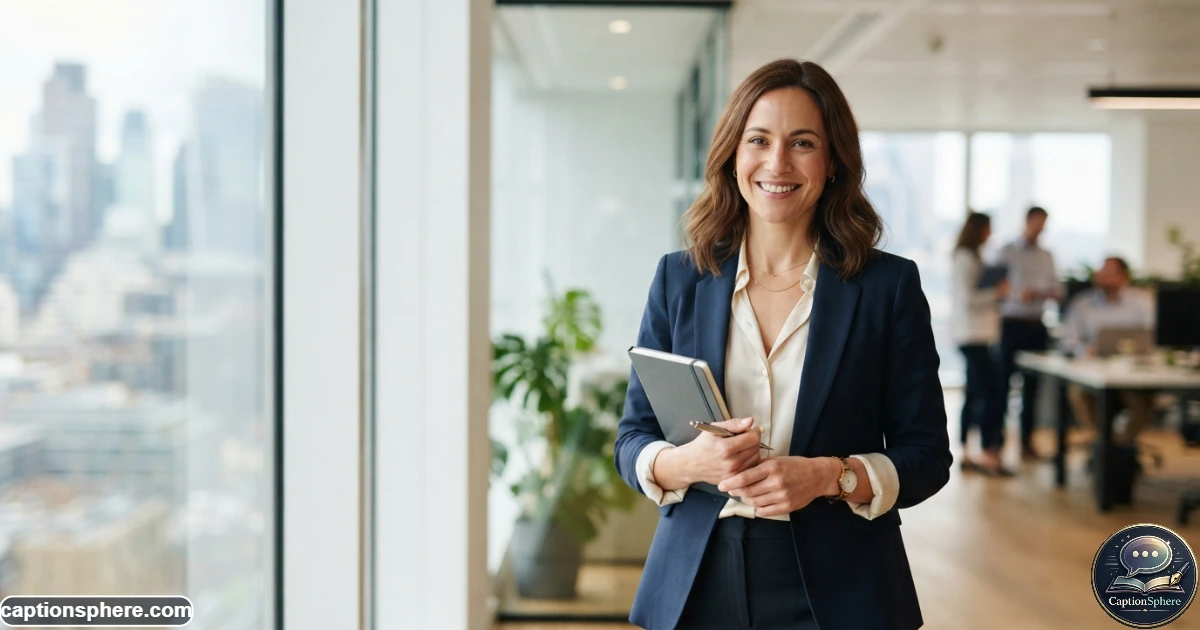 Image Prompt:
16:9 realistic editorial photograph of a confident professional woman in a bright contemporary office, holding a notebook after a successful work milestone, natural smile, polished business-casual clothing, candid atmosphere, clean background, generous negative space at the top-middle for text, no branding or watermark.