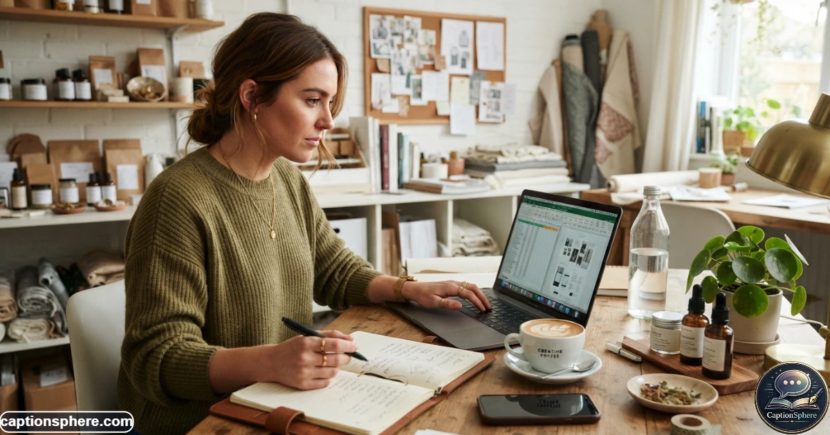 Image Prompt:
16:9 realistic editorial lifestyle scene of a female entrepreneur working at a stylish desk with laptop, notebook, product samples, and coffee, focused natural expression, modern small-business studio, authentic behind-the-scenes atmosphere, varied visual details, clean top-middle space for a heading, no logos or extra text.