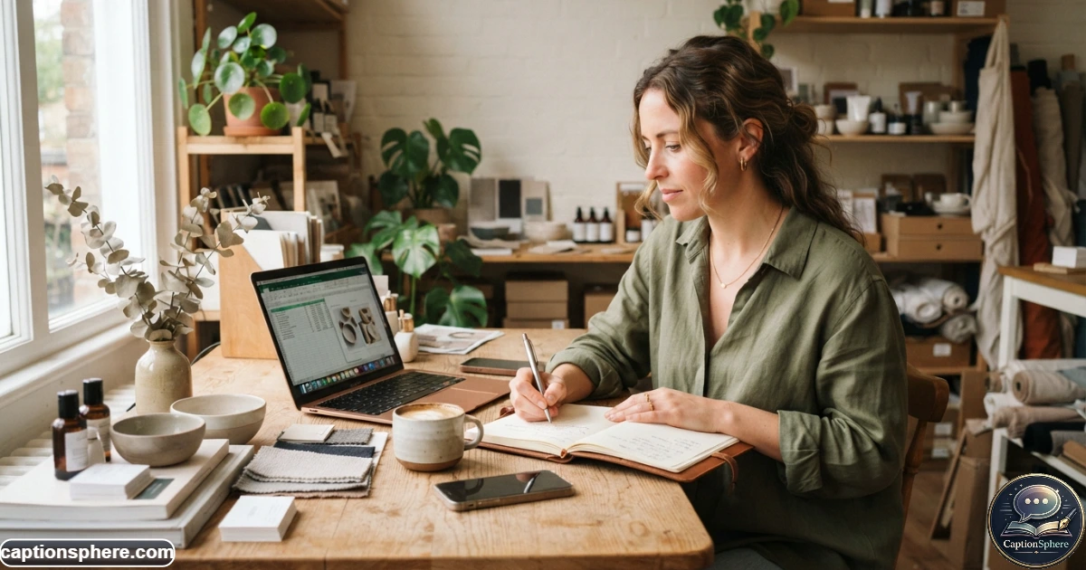 Image Prompt:
16:9 realistic editorial lifestyle scene of a female entrepreneur working at a stylish desk with laptop, notebook, product samples, and coffee, focused natural expression, modern small-business studio, authentic behind-the-scenes atmosphere, varied visual details, clean top-middle space for a heading, no logos or extra text.