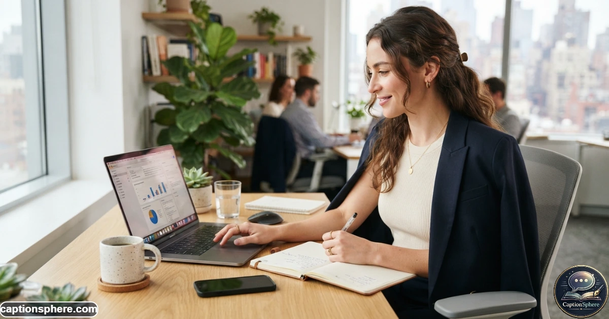 16:9 realistic editorial lifestyle photograph of a professional woman working at a bright contemporary office desk, laptop open, blazer draped naturally, coffee nearby, focused but relaxed expression, authentic workday setting, soft daylight, varied composition, clean top-middle space for text, no logos or watermark.