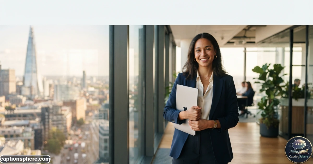 Confident professional woman standing in a modern office with a laptop