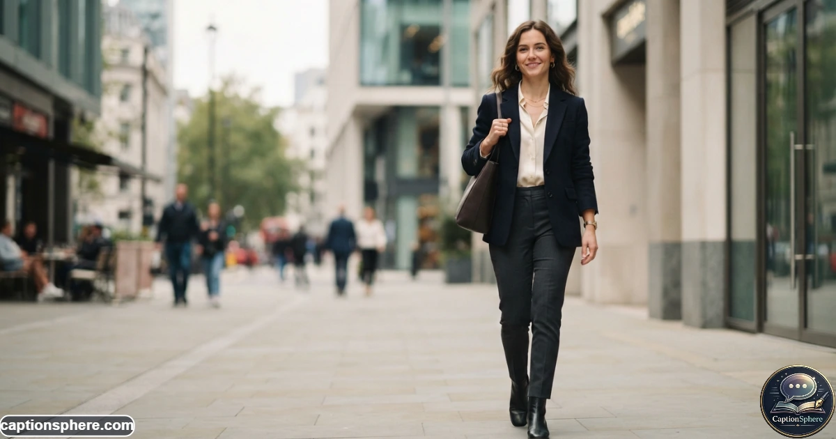 16:9 realistic editorial portrait of a confident woman walking through a modern city street in a sophisticated outfit, relaxed posture and natural expression, subtle urban background, soft daylight, premium lifestyle photography, visually clean top-middle space for a heading, no logos, watermark, or unnecessary text.