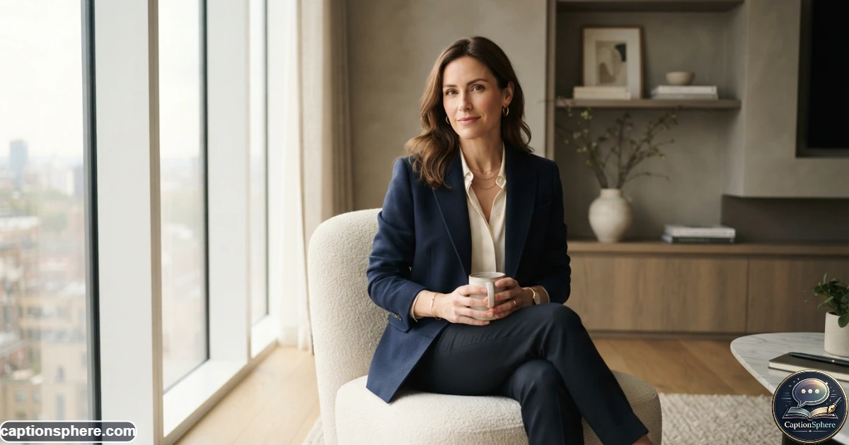 16:9 realistic editorial lifestyle photograph of an elegant professional woman in a refined modern interior, tailored outfit, subtle jewelry, calm confident expression, sophisticated neutral surroundings, soft natural window light, premium fashion-editorial composition with clean top-middle negative space, no branding, watermark, or extra text.