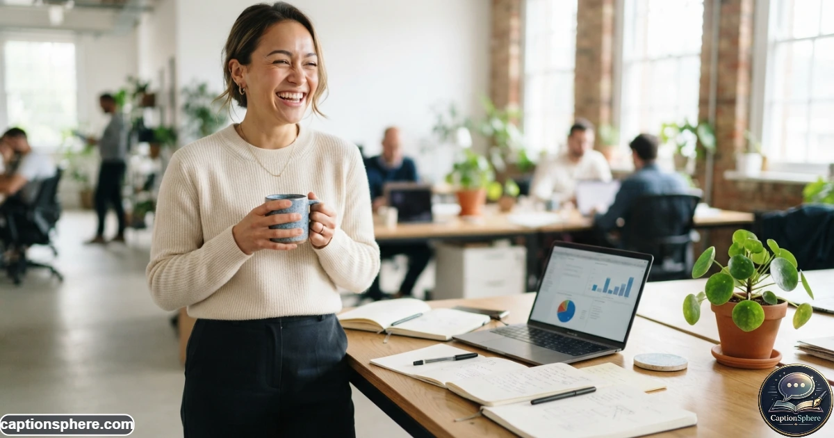 16:9 realistic editorial office photograph of a cheerful professional woman holding a coffee cup beside her desk, laptop and notebooks nearby, playful natural expression, modern workspace, candid lifestyle feeling, bright daylight, varied composition with clear top-middle space for a heading, no logos, watermark, or extra text.