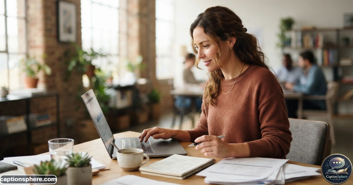 16:9 realistic editorial photograph of a female entrepreneur working at a modern desk with laptop, notebook, business papers, and coffee, focused but approachable expression, contemporary creative workspace, natural daylight, premium business-lifestyle photography, clean top-middle negative space for a heading, no visible brands or extra text.