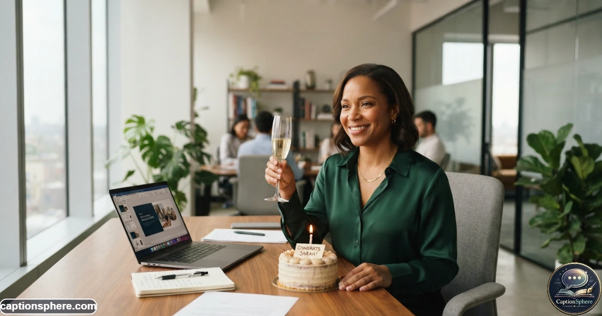 16:9 realistic editorial lifestyle photograph of a successful professional woman celebrating a personal career milestone in a bright modern workspace, subtle joyful expression, tasteful professional clothing, laptop and documents nearby, natural daylight, authentic rather than staged, balanced composition with top-middle negative space, no logos or extra text.