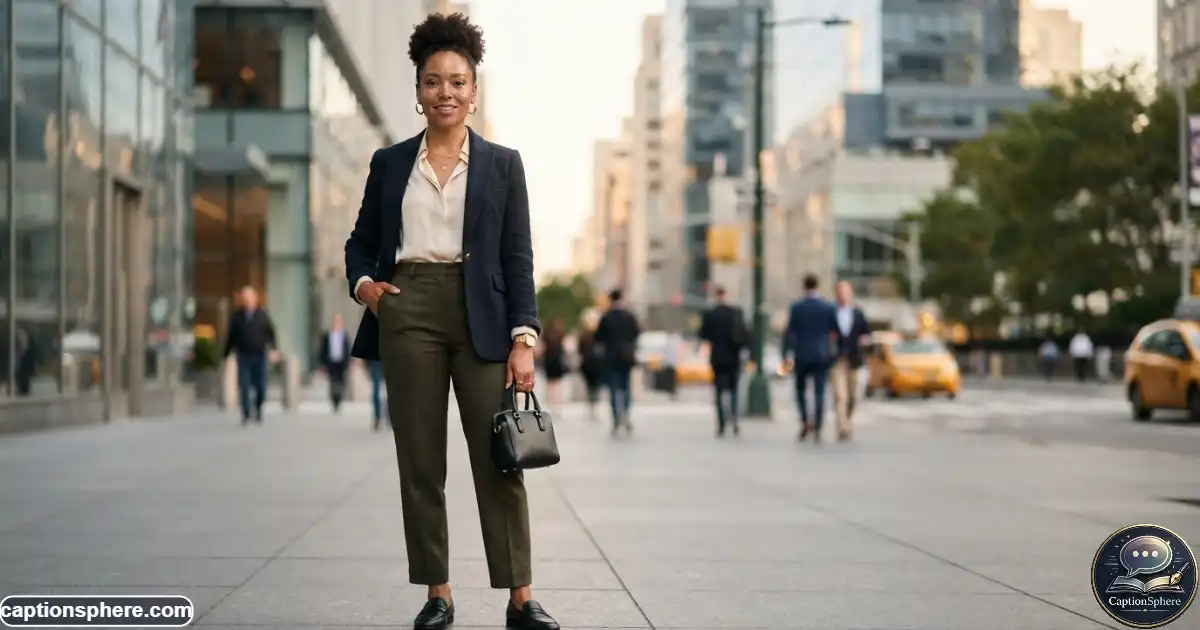 Confident brown-skinned woman posing in a stylish modern outfit