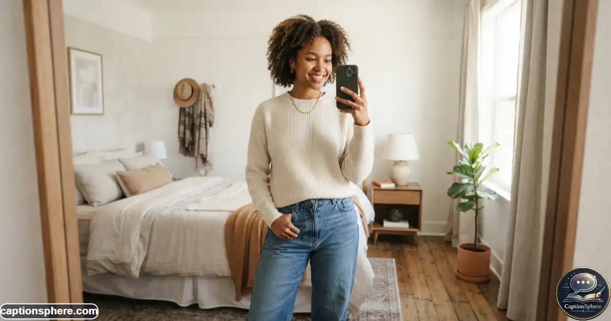Brown-skinned woman taking a stylish mirror selfie in a bright room
