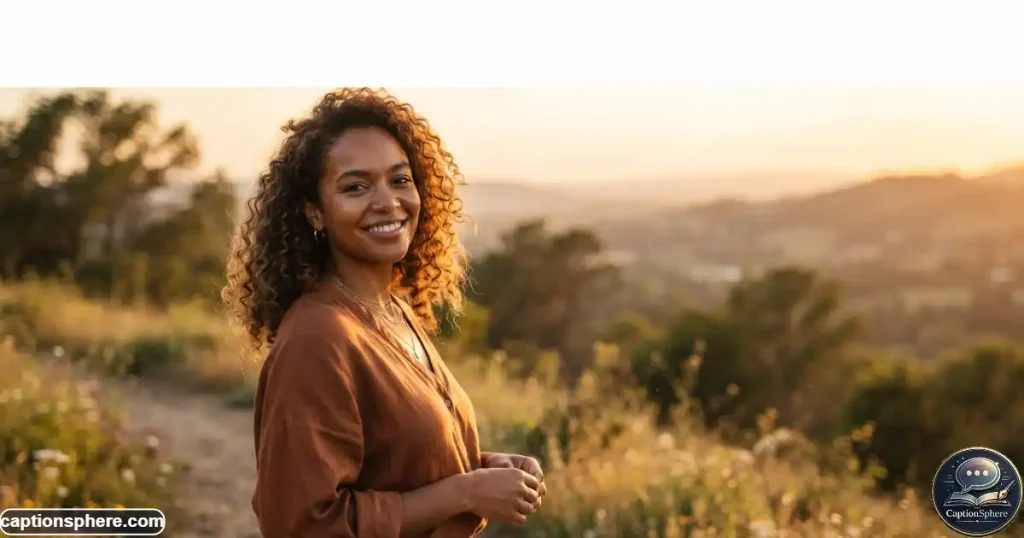 Brown-skinned woman photographed in warm golden-hour sunlight outdoors