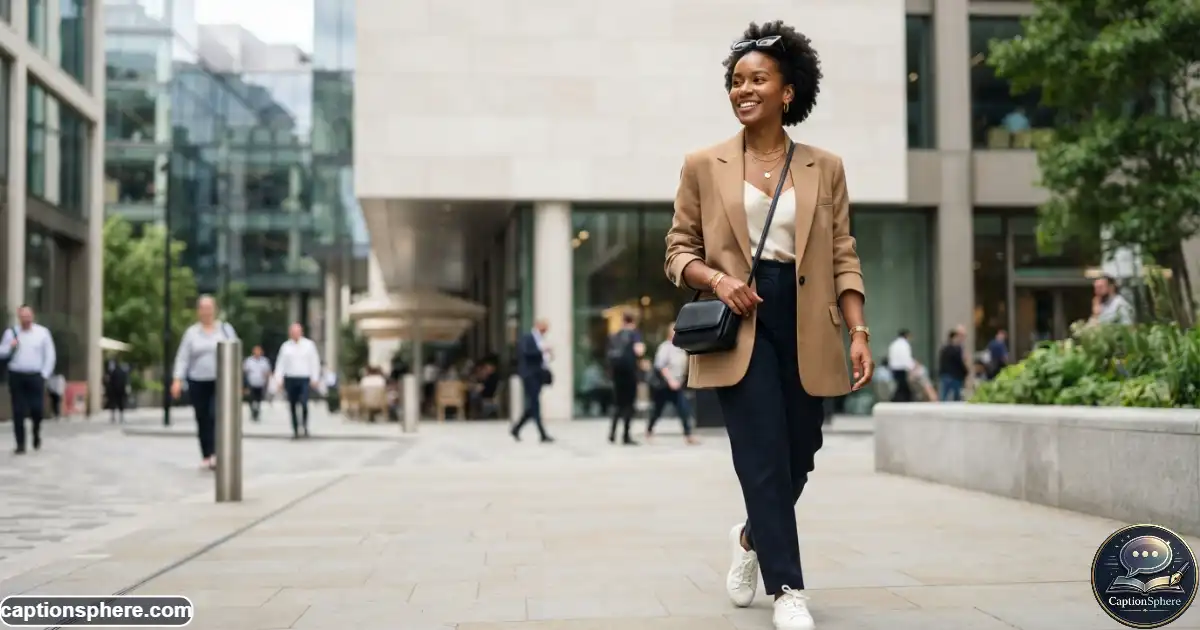 Brown-skinned woman showing a stylish outfit in a modern outdoor setting