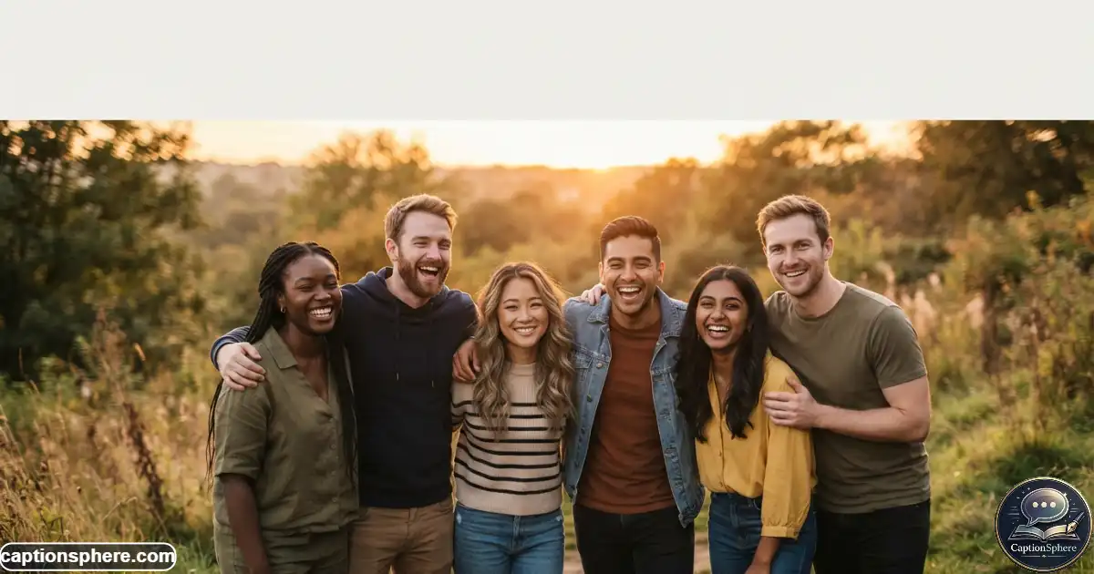 Image Prompt: Create a realistic 16:9 editorial lifestyle photograph of a diverse group of six close friends outdoors during golden hour, naturally gathered for a group photo, relaxed smiles and genuine expressions, modern casual clothing, warm evening atmosphere, believable anatomy, candid yet polished composition, with clean negative space at the top-middle for the heading “Group Photos Captions”. No logo, watermark, website name, subtitle, or extra text.