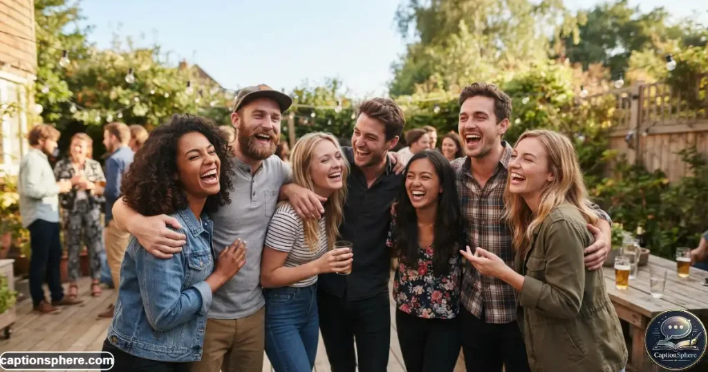 Friends laughing together during a playful group picture