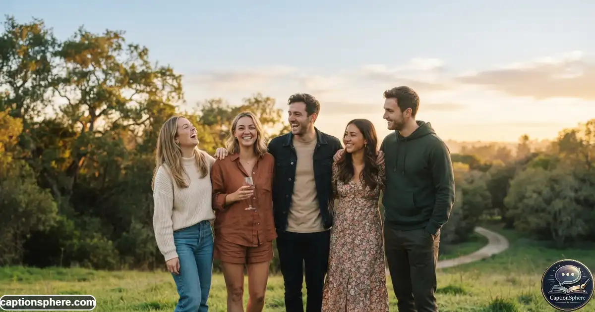 Friends standing together beneath warm golden hour light