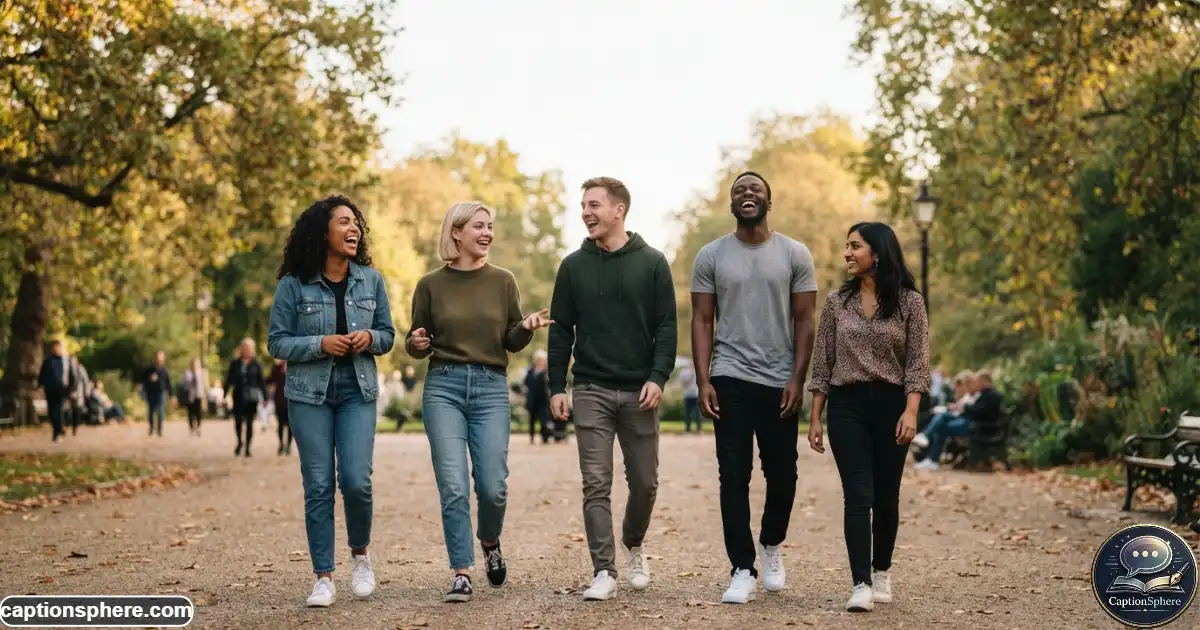 Image Prompt:
16:9 realistic candid editorial photograph of five friends laughing while walking through a park, no formal posing, genuine expressions and natural movement, soft afternoon light, realistic environment and anatomy, composition leaving clean top-middle space for “Candid Group Photo Captions”, no logos or extra text.