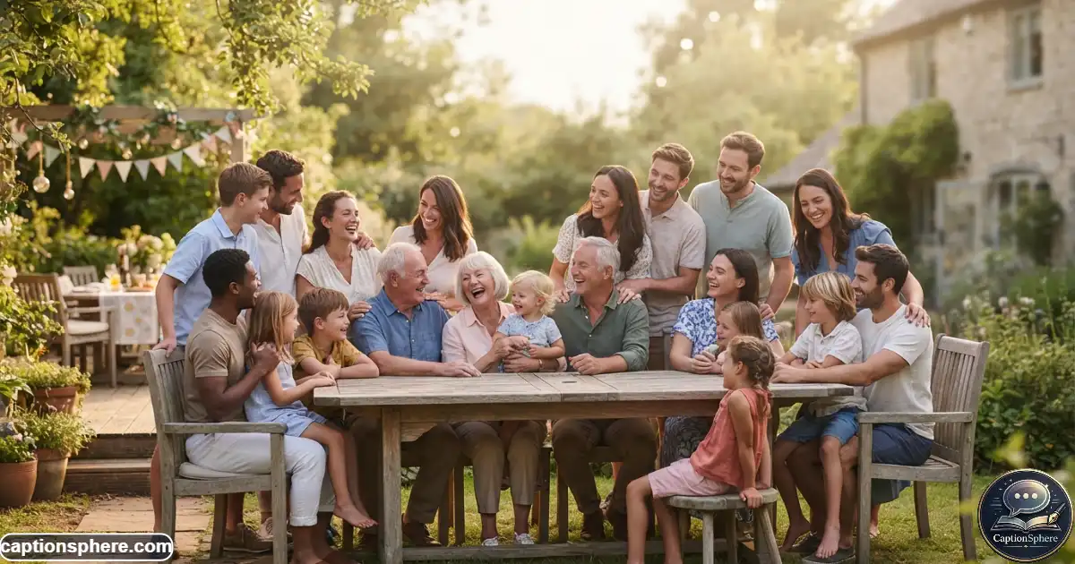 16:9 realistic editorial family photograph showing multiple generations gathered together in a comfortable outdoor setting, grandparents, parents, young adults and children with natural smiles, warm family atmosphere, varied poses, believable anatomy, clean top-middle space for “Family & Cousin Captions”, no logos or extra text.