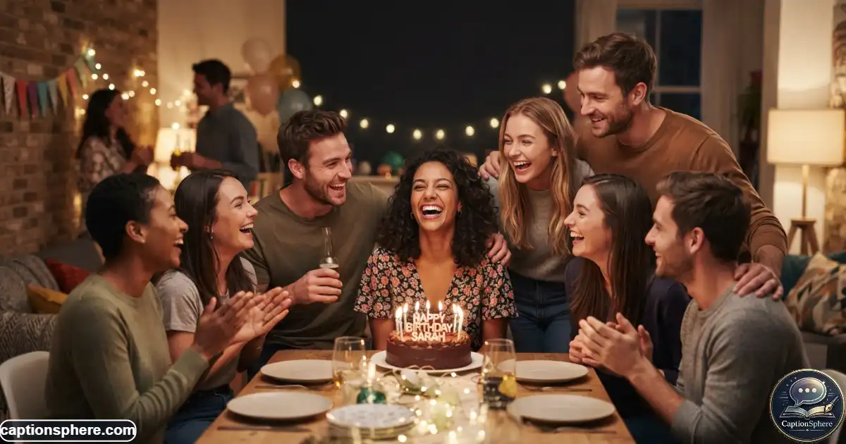 Image Prompt:
16:9 realistic lifestyle photograph of a group of friends celebrating a birthday indoors, subtle decorations, cake and candles visible, genuine laughter and natural interaction, varied poses, warm ambient lighting, polished editorial composition with clean top-middle space for “Birthday Group Captions”, no logos or extra text.