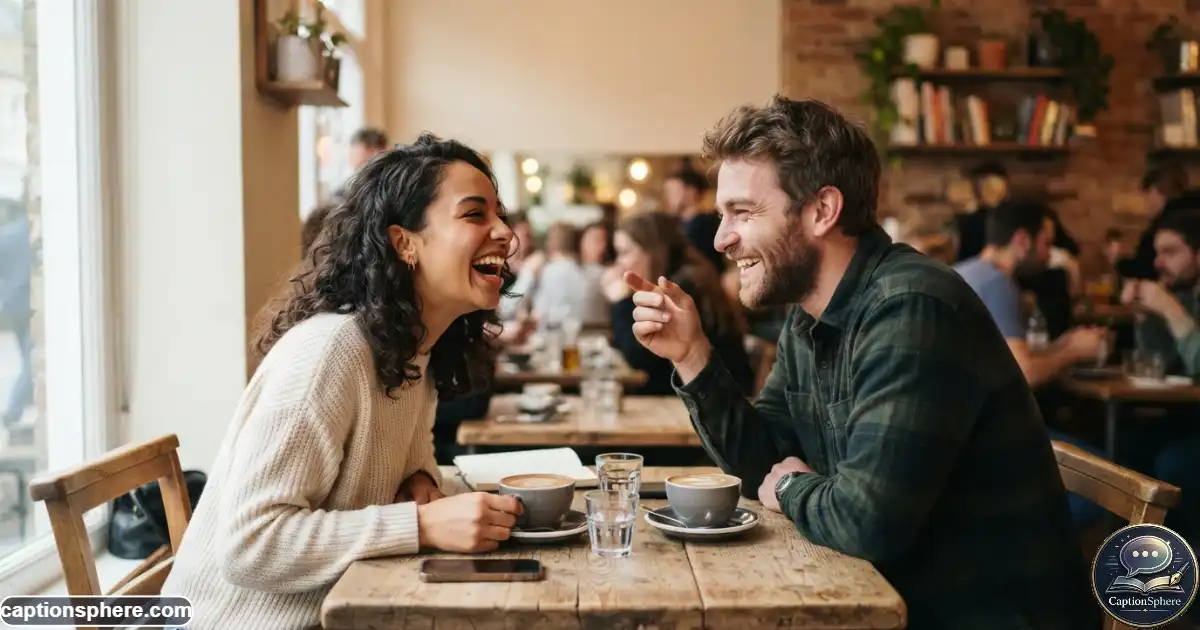Young couple laughing during a playful candid moment at a casual café