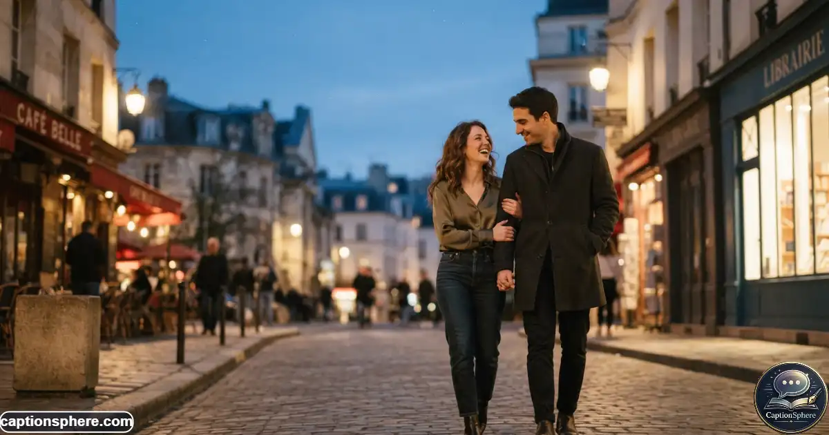 Couple sharing a quiet romantic moment during an evening city walk
