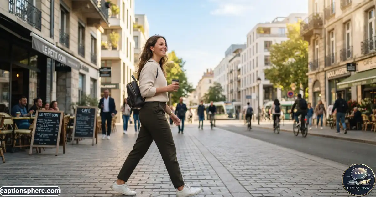 Young woman walking through a bright city street toward a new beginning