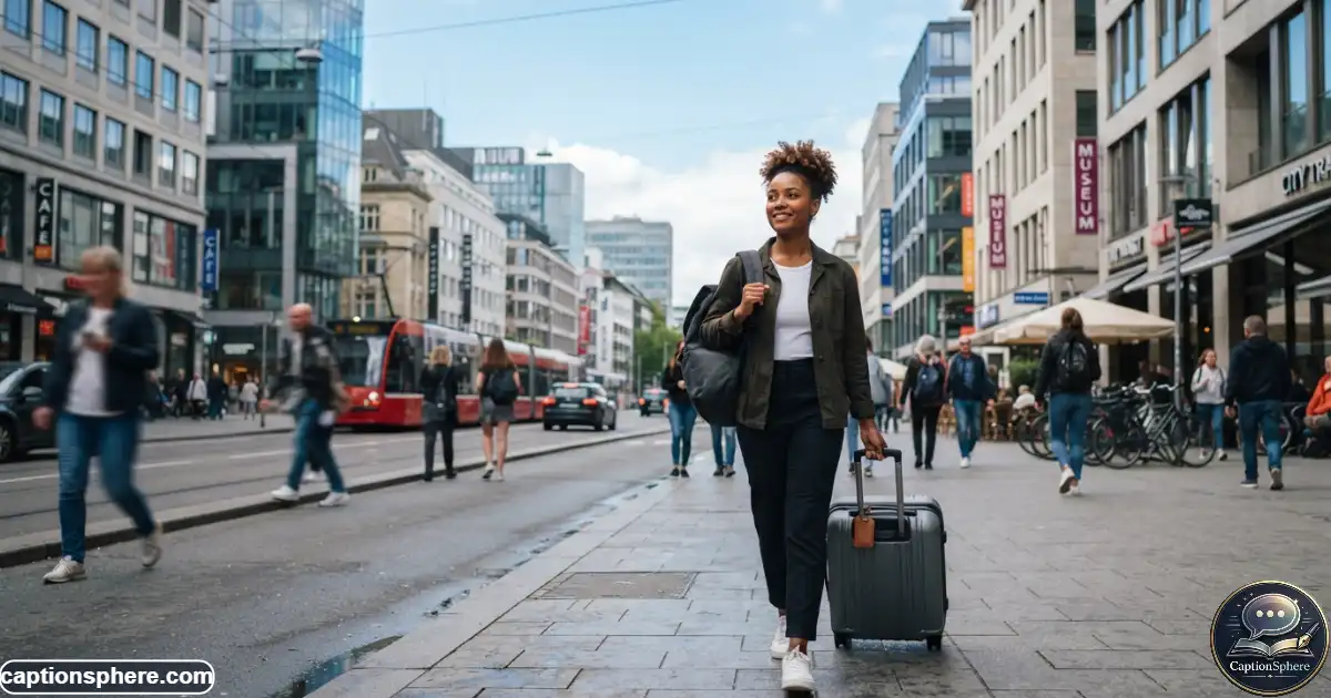 Create a realistic 16:9 editorial photograph of a young adult arriving in a lively new city with a suitcase and backpack, looking ahead with quiet confidence, modern streets and buildings in the background, natural daylight, realistic travel details, cinematic but authentic composition, clear top-middle space for “Life Transitions”, no branding or extra text.
