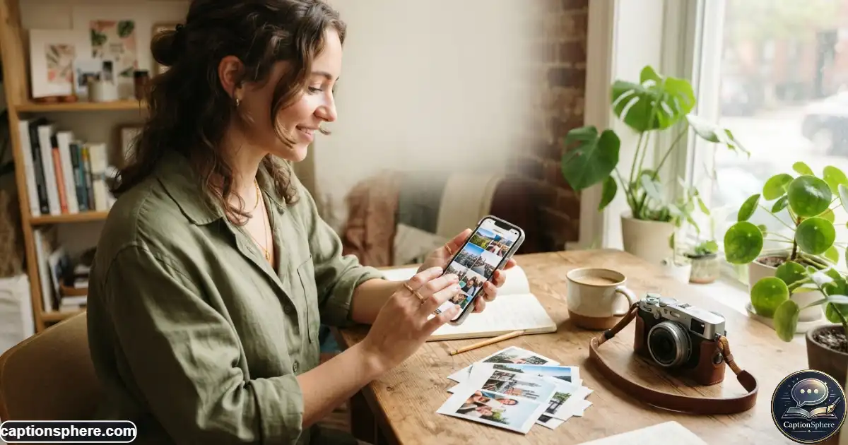 Person selecting travel and lifestyle photos for an Instagram photo dump