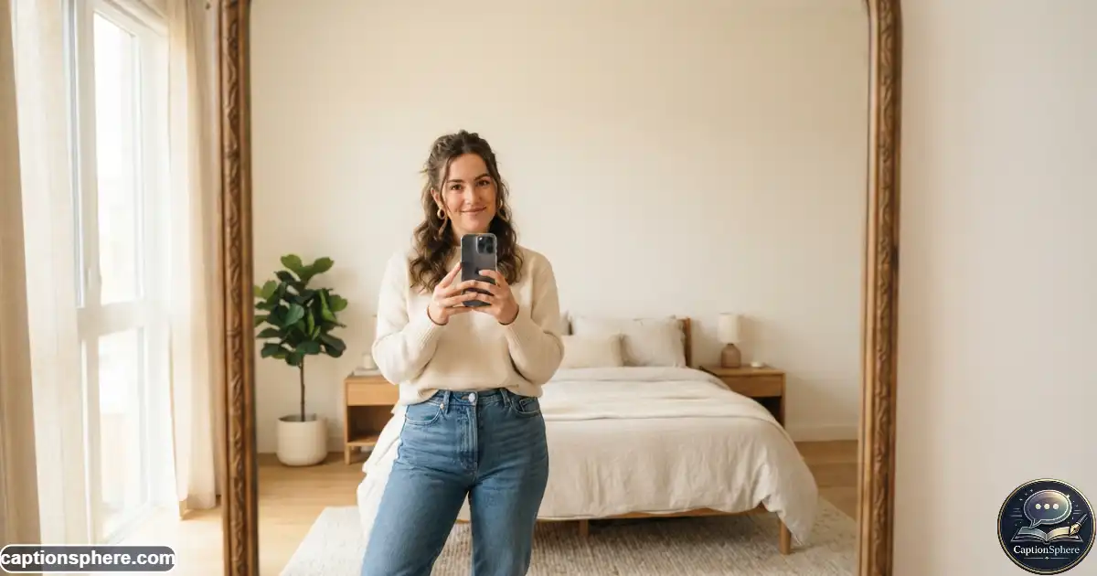 Person taking a confident mirror selfie in a stylish modern room