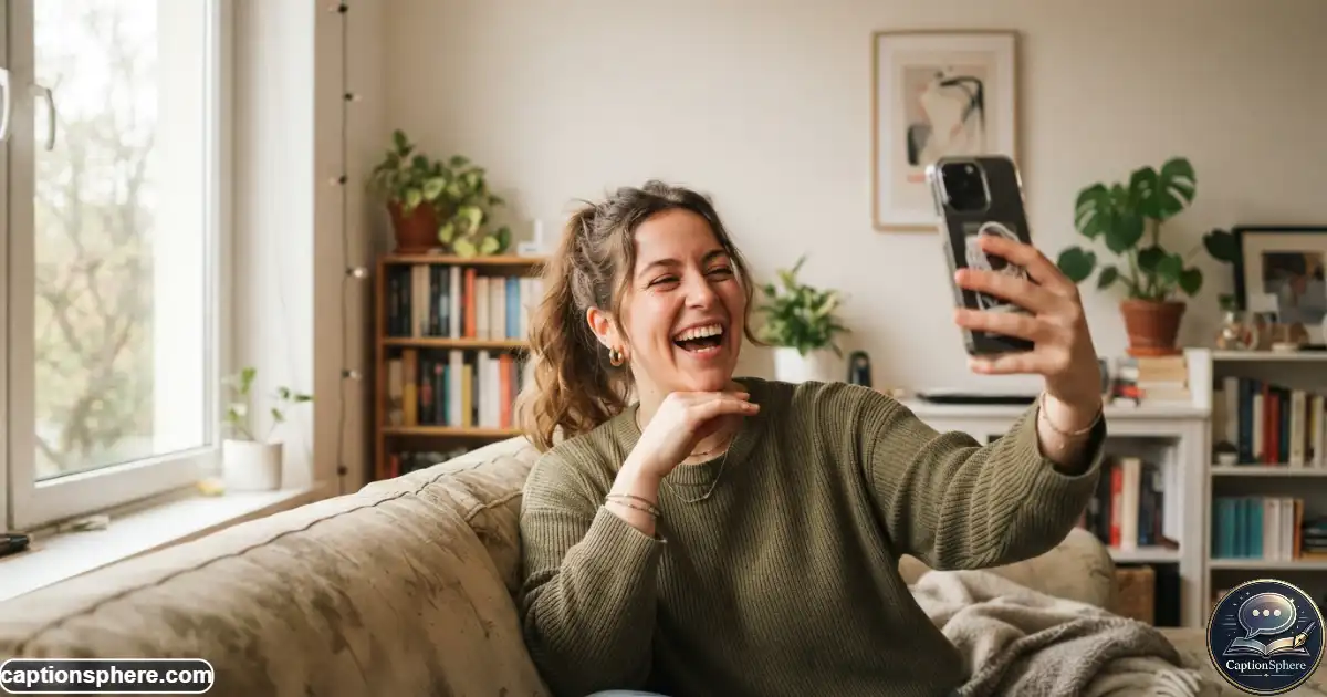 Realistic 16:9 lifestyle photograph of a person laughing naturally while taking a playful selfie in a bright casual room, authentic expression, relaxed pose, everyday clothing, subtle humor in the scene, soft daylight, editorial social-media photography, clean top-middle negative space for a heading. No logos or extra text.