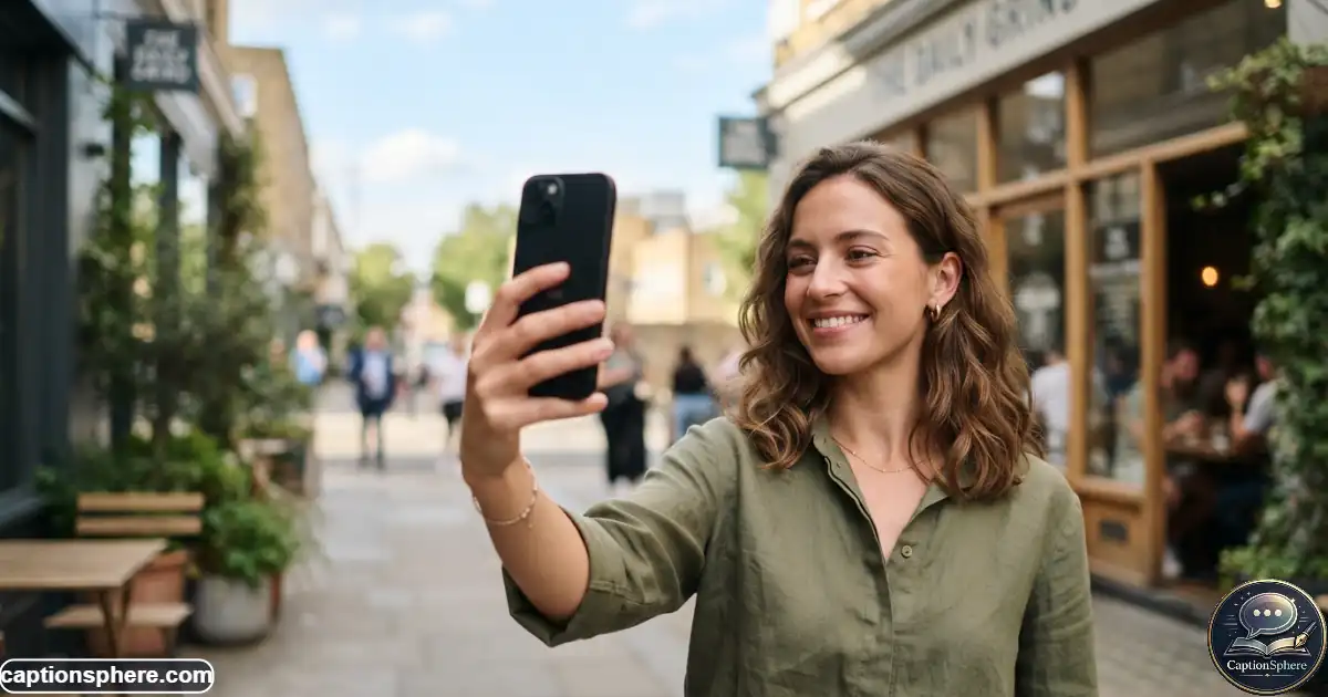 Realistic editorial 16:9 photograph of a young woman taking a casual selfie outdoors beside a modern café, relaxed confident expression, minimal styling, natural daylight, candid lifestyle photography, uncluttered background, clean negative space at the top-middle for a short heading. No logo, watermark, website name, subtitle, or extra text.