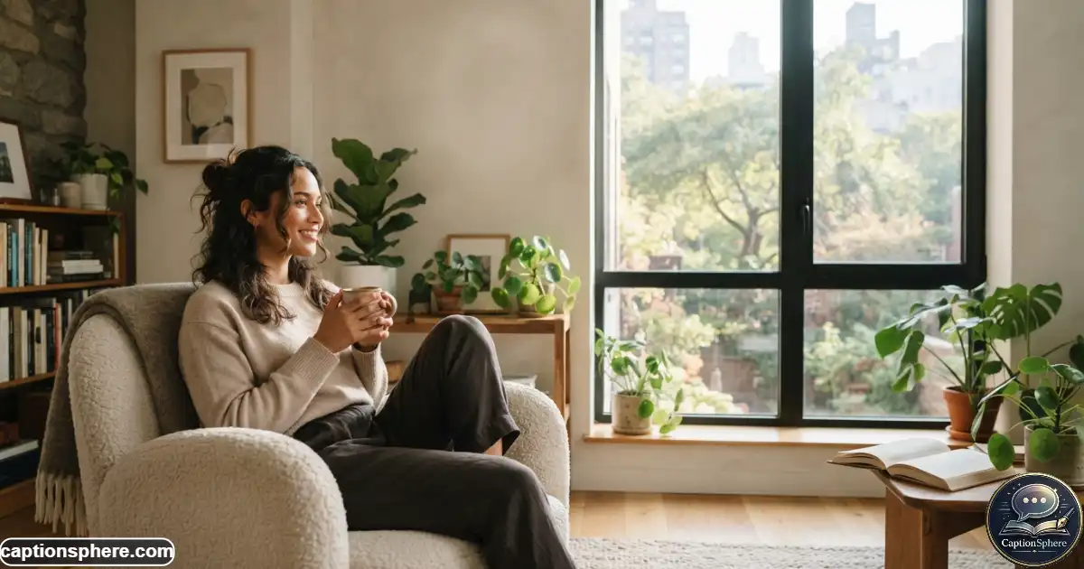 Realistic premium editorial 16:9 lifestyle photograph of a young adult enjoying a quiet morning beside a large sunlit window, coffee cup, neutral clothing, soft natural light, plants and subtle interior details, peaceful aesthetic mood, cinematic composition, generous clean space at the top-middle for a heading. No branding or extra text.