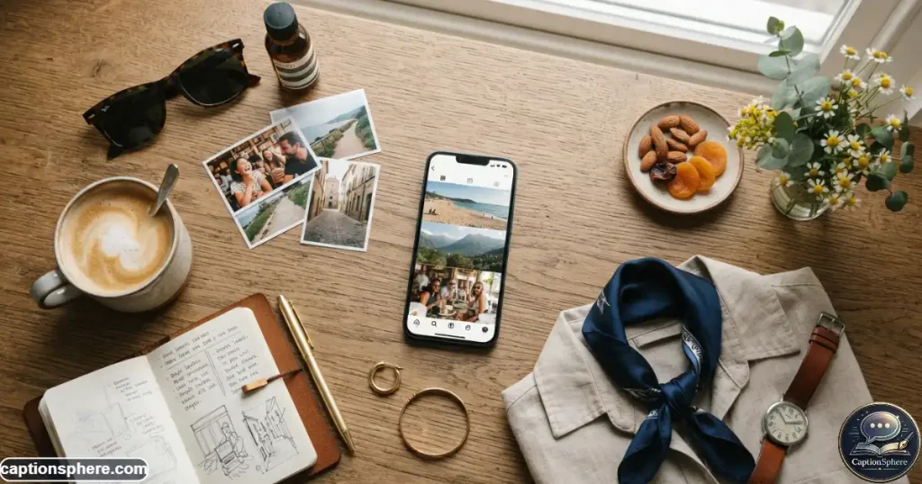 Collection-inspired lifestyle scene showing travel, friends, coffee, outfits, and everyday memories
