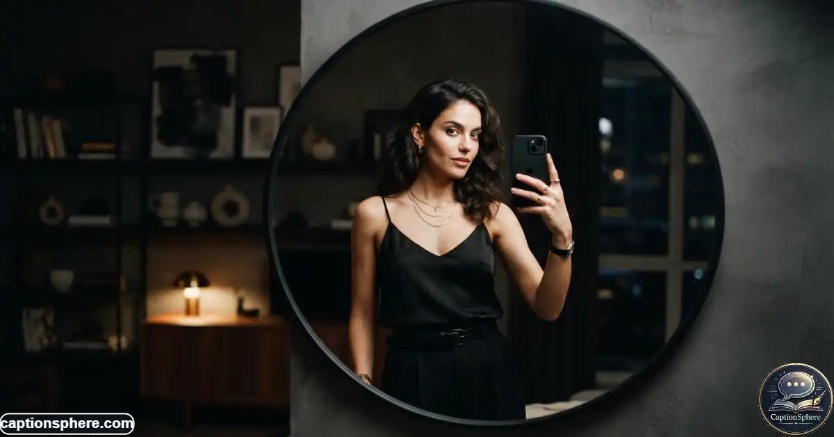Person taking a stylish mirror selfie in a dark modern room