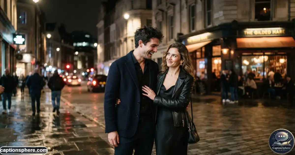 Couple posing together with playful expressions and dark stylish outfits