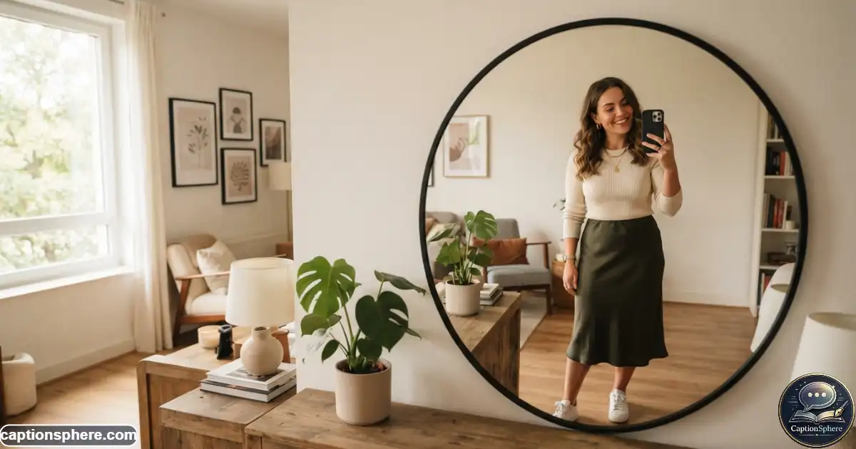 Stylish person taking a confident mirror selfie while showing a modern outfit
