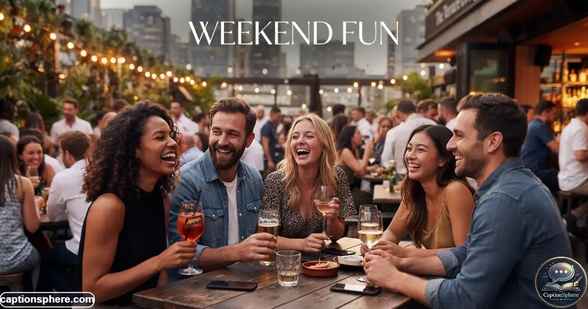 Friends enjoying a lively weekend night together in a stylish urban setting