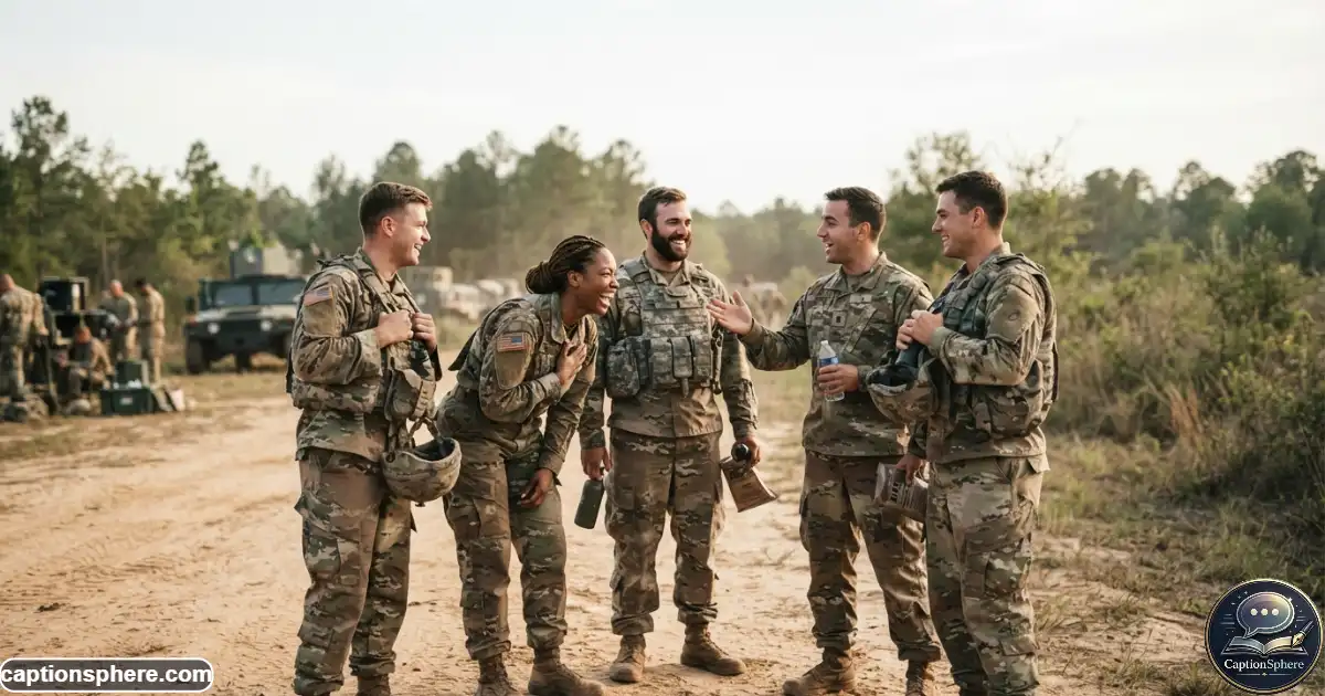 Soldiers smiling together in uniform during a lighthearted outdoor army photo