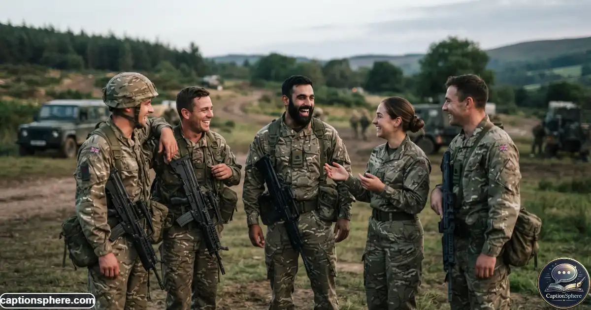 Smiling military squad members relaxing together outdoors after a training session