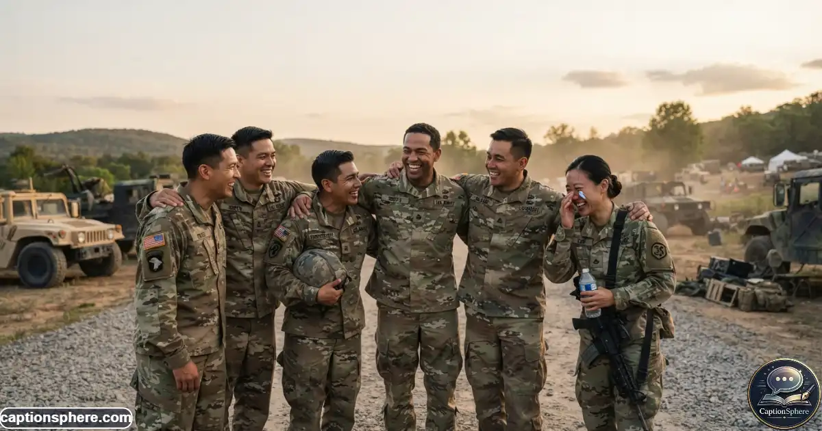 Close group of military friends smiling together in uniform outdoors