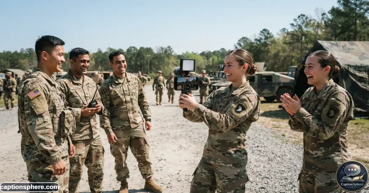 Soldiers filming a playful military training video with a smartphone outdoors