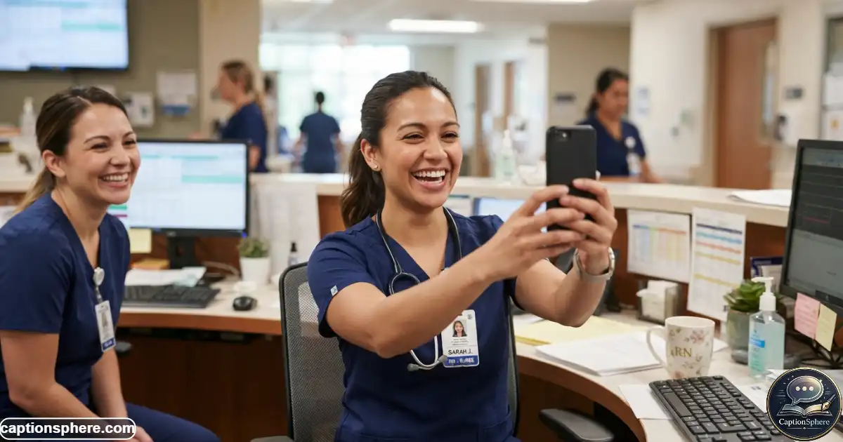 Nurse in scrubs taking a funny selfie at a hospital nurses' station