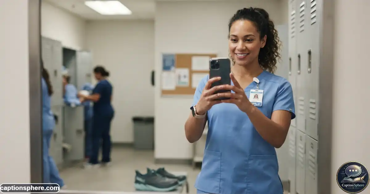 Nurse taking a quick mirror selfie in clean hospital scrubs before work