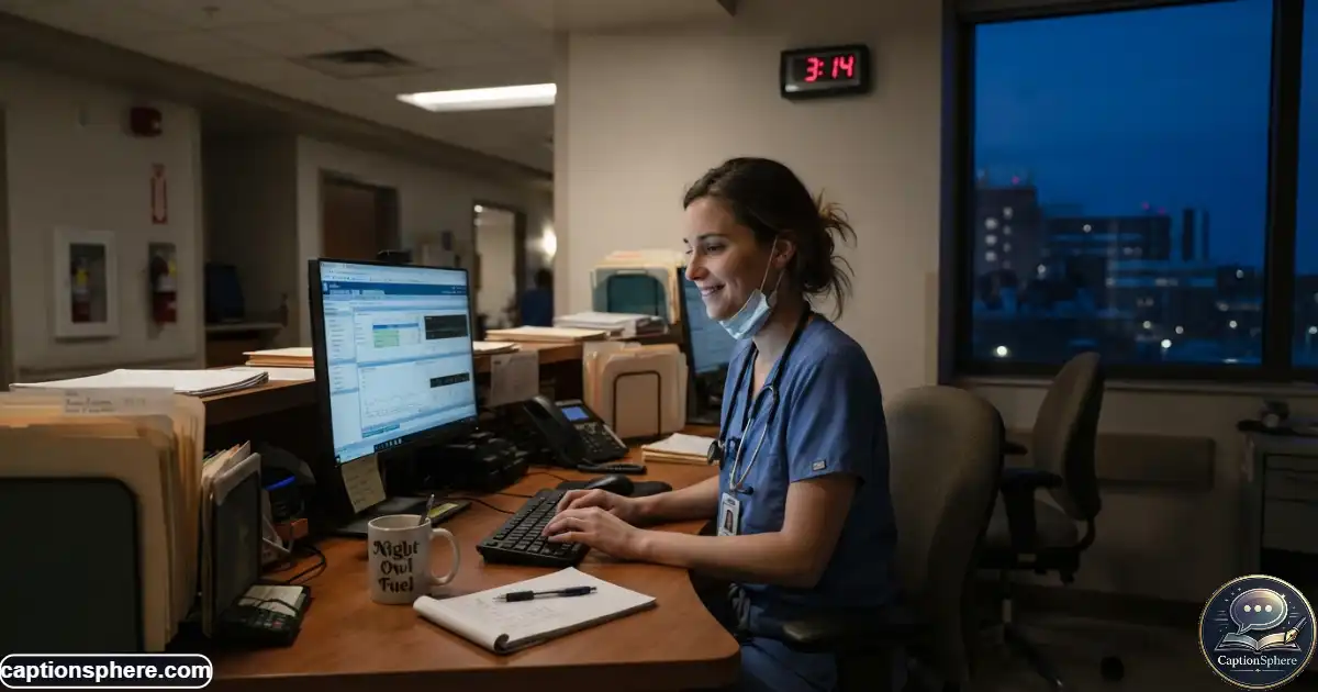 Create a realistic 16:9 nighttime hospital scene with a nurse in scrubs working quietly at a nurses' station under soft overnight lighting. Include a coffee cup, computer workstation, wall clock, and subtle blue-toned exterior darkness through a distant window. Calm but humorous tired expression, believable anatomy, editorial realism, clean top-middle space, no branding or extra text.