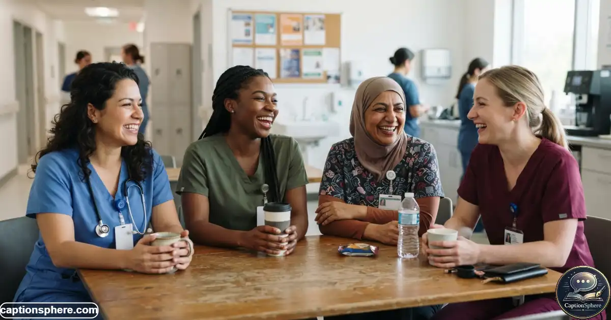 Create a realistic 16:9 editorial photograph of four diverse nurses in scrubs laughing together during a short break in a bright hospital staff area. Show authentic coworker chemistry, coffee cups, badges, and natural relaxed body language. Avoid staged poses, use believable anatomy and expressions, professional photography, clean top-middle space, no logos, watermark, or extra text.