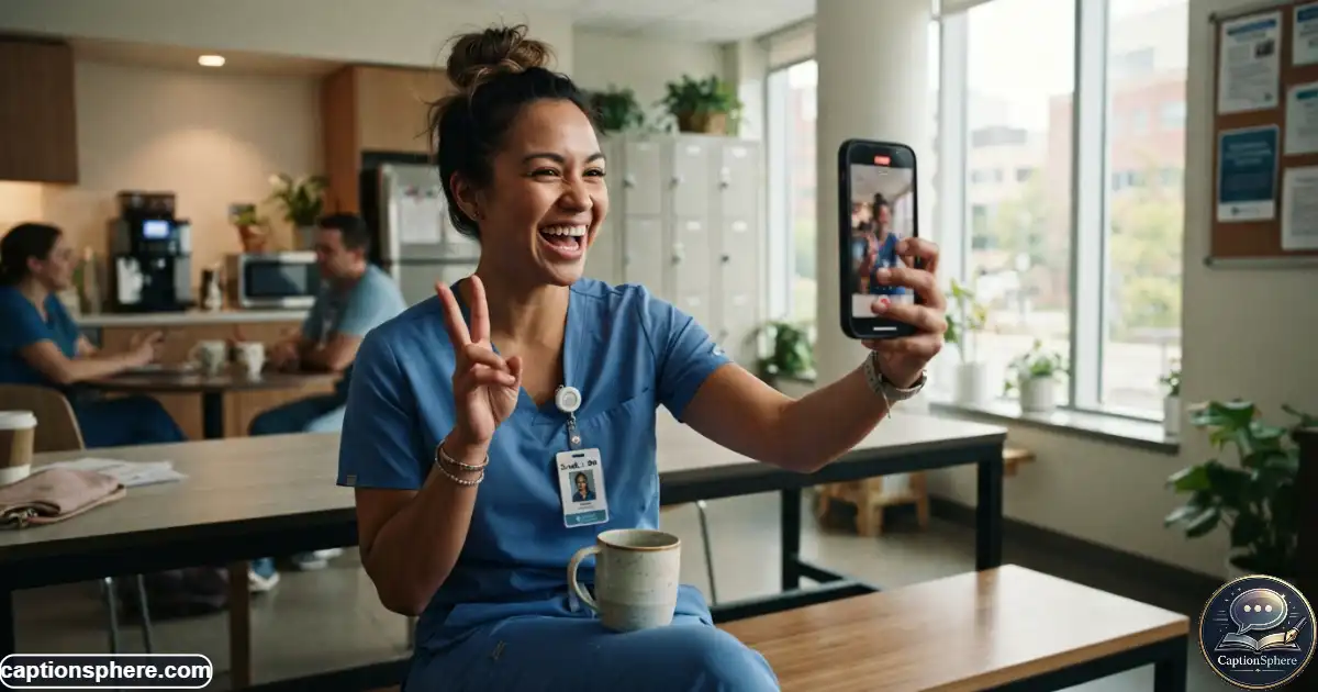 Nurse filming a playful short video in scrubs during a hospital break