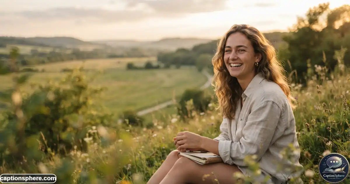 Create a realistic editorial lifestyle photograph in 16:9 format showing a naturally smiling young adult outdoors during warm golden-hour light, surrounded by soft greenery and an open peaceful landscape. The expression should feel genuinely joyful and relaxed, not posed. Use balanced composition with clean visual space across the top-middle for a heading. Premium photography, natural anatomy, subtle depth of field, authentic atmosphere. No logo, watermark, website name, subtitle, or extra text.