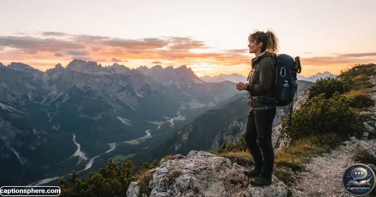 Create a realistic 16:9 cinematic editorial travel photograph showing a traveler standing at a scenic mountain viewpoint during a vivid but natural sunset. The person should appear peaceful and genuinely amazed by the landscape, with a backpack and subtle travel details. Wide composition, dramatic horizon, clean top-middle space for a heading, realistic lighting and anatomy. No logo, watermark, website name, subtitle, or extra text.